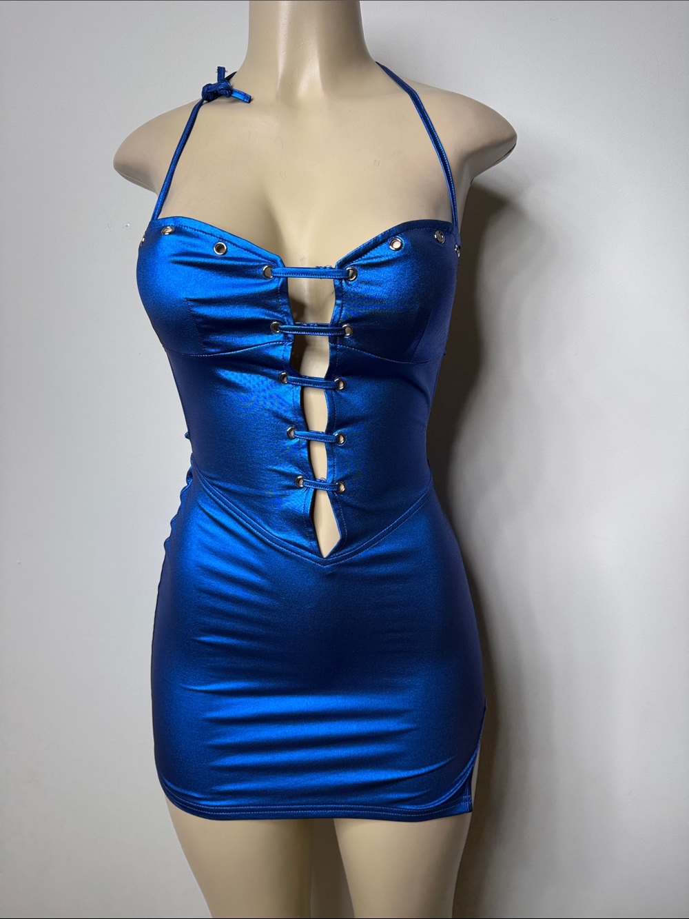 Shimmering Electric Blue Halter Lace-Up Mini Dress